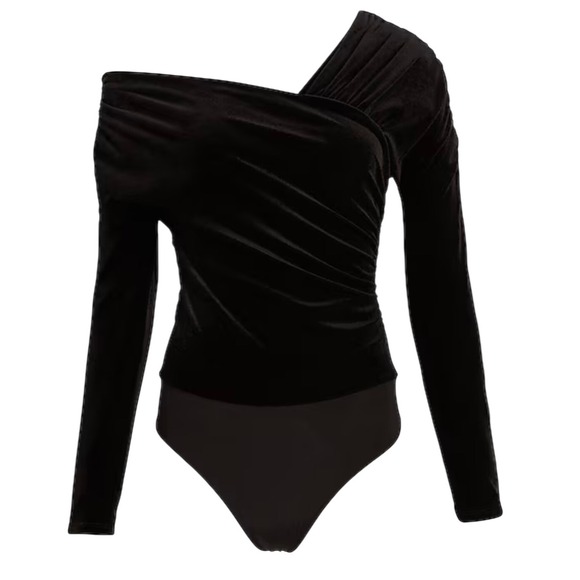 Express Body Contour Black Velvet Off Shoulder Asymmetrical Bodysuit, size XL - Picture 3 of 8